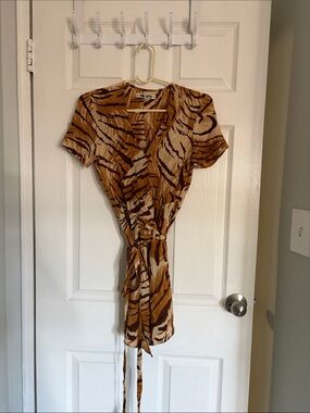 Ciao Lucia Tan and Brown Animal-Print Midi Wrap Dress
